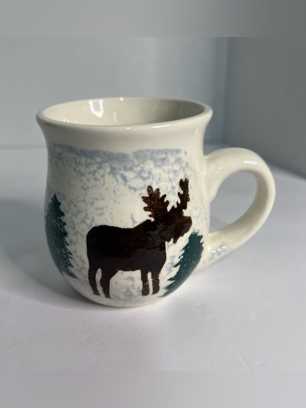 Vintage Hand Painted Moose Mug Tree Mountain‎ Forest Camping Woodsy Cottagecore